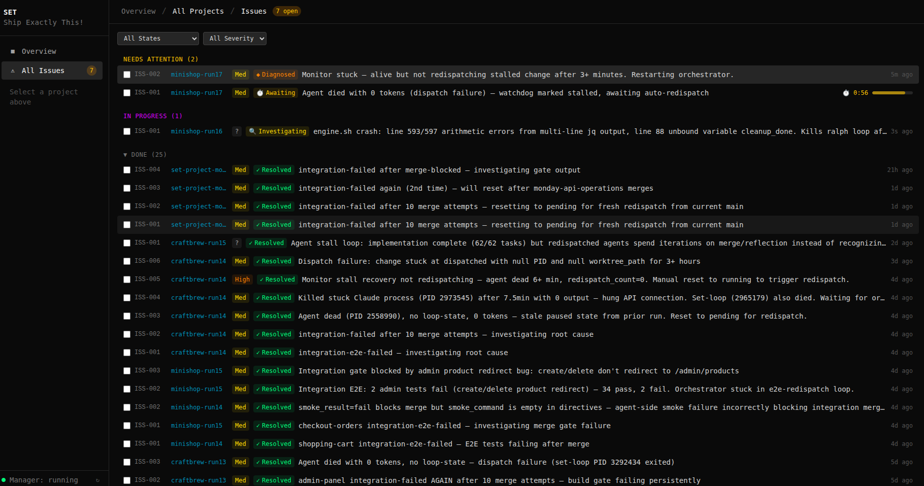 Sentinel Issues Dashboard — real self-healing pipeline across 30+ orchestration runs